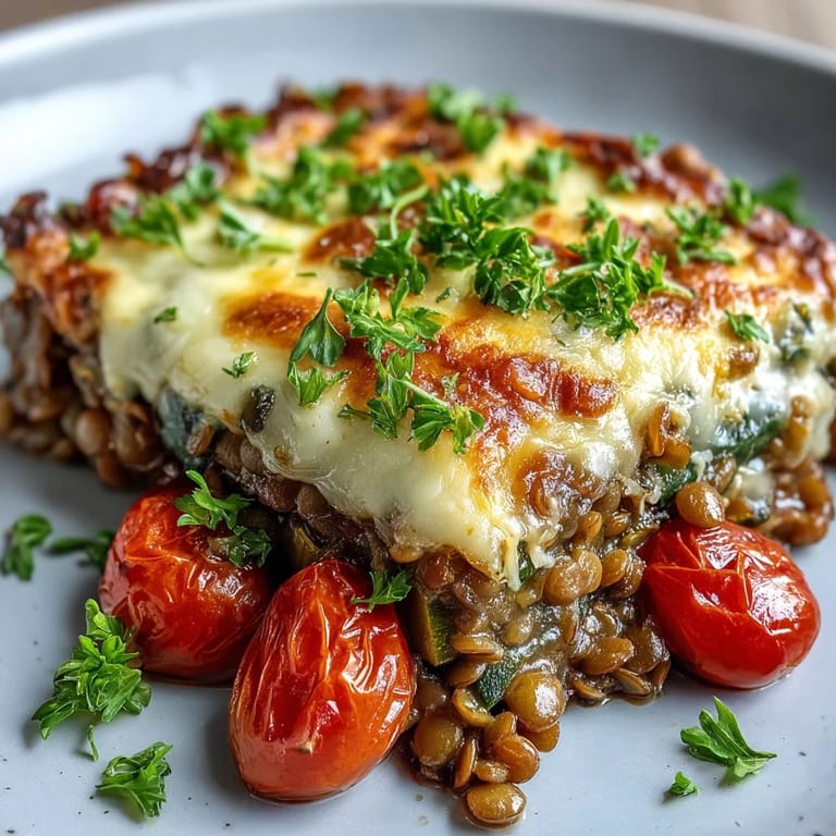 Vibrant diced carrots, bell peppers, and mushrooms peek through the savory lentil base of this comforting Green Lentil and Vegetable Casserole.