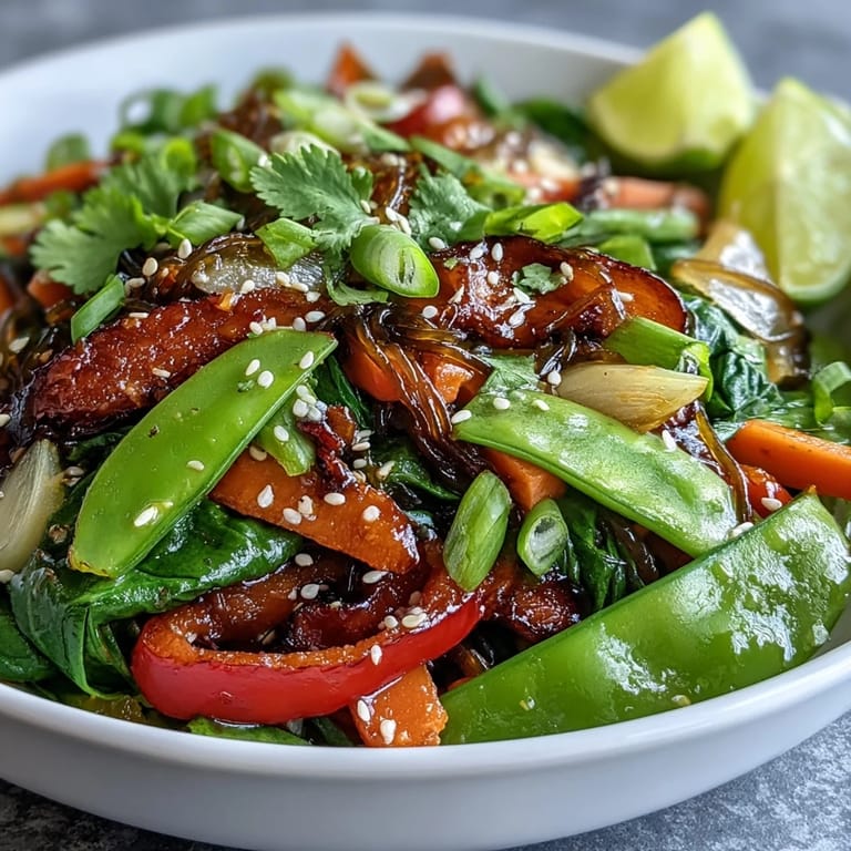 Colorful Kelp Noodle Stir-Fry featuring julienned carrots and wilted spinach in a savory Asian-inspired glaze.