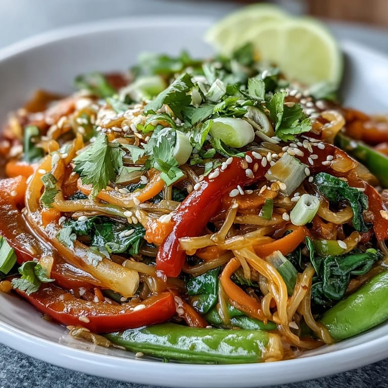 A steaming bowl of vegan Kelp Noodle Stir-Fry topped with sesame seeds and bright lime wedges.