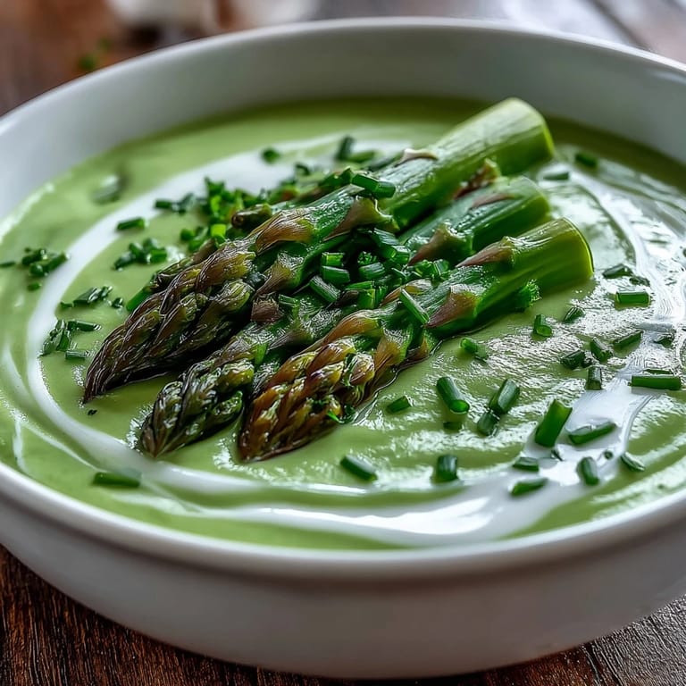 Creamy homemade asparagus soup garnished with chives, served beside a glass of crisp white wine.