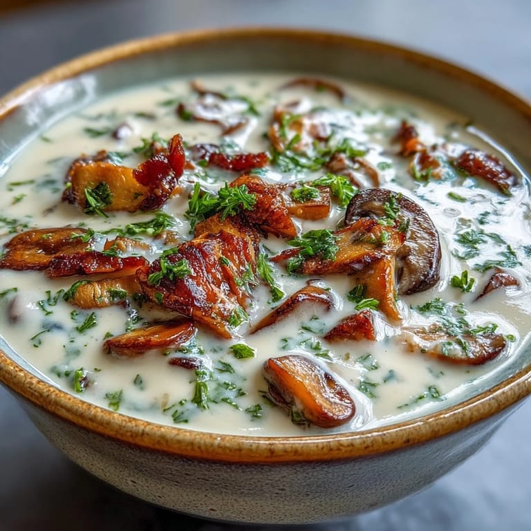 Rich homemade mushroom soup ladle held over a bowl, revealing a velvety texture infused with umami flavor.