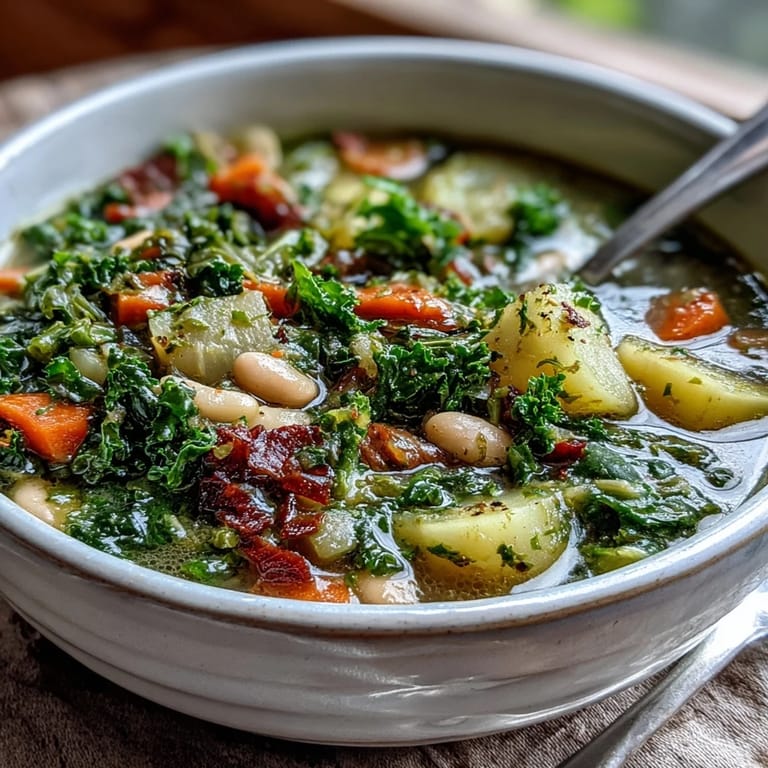 A hearty, wholesome bowl of Kale Soup garnished with thyme, perfect for a cozy, easy weeknight dinner.