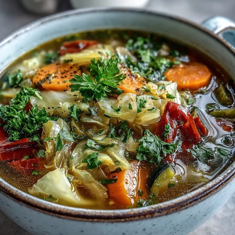 A ladle of low-calorie Cabbage Soup being poured into a rustic bowl, garnished with fresh parsley.
