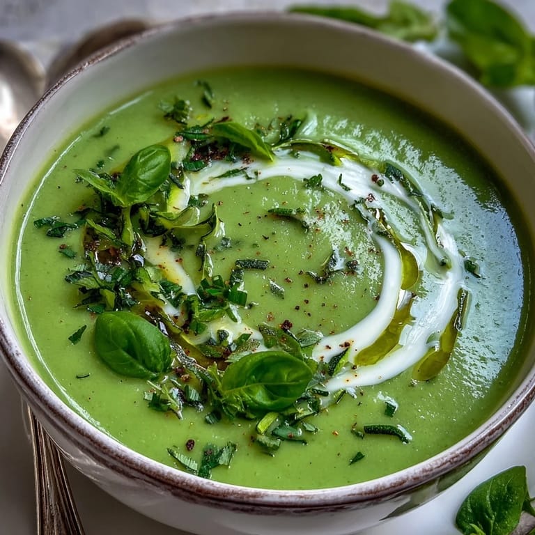 Warm Zucchini Soup in a white bowl, topped with a drizzle of olive oil and crusty bread.