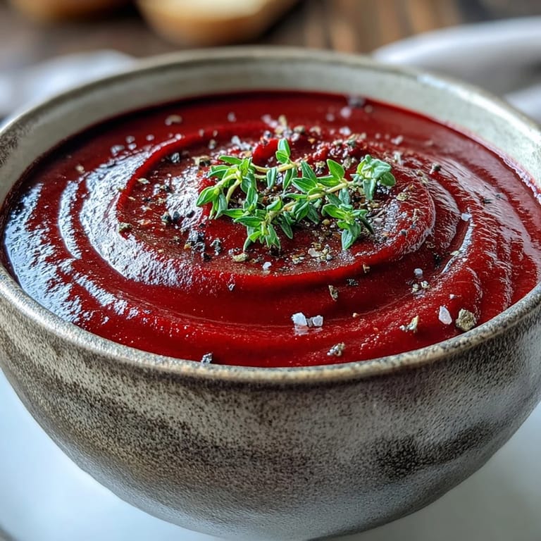 Roasted beet soup with a deep red hue, topped with fresh thyme, ready to enjoy.