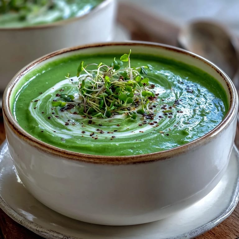 Velvety Spinach Soup in a rustic mug, paired with crusty bread on a wooden table for lunch.