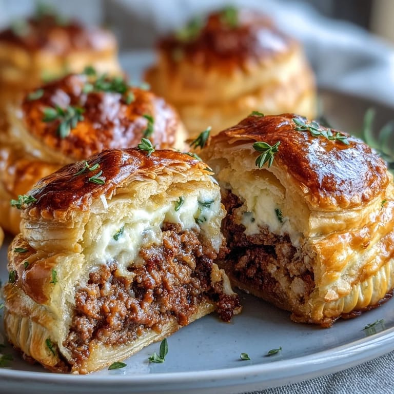 A close-up view of a mini beef tourtière, broken open to reveal the rich ground beef and aromatic allspice and cinnamon filling.