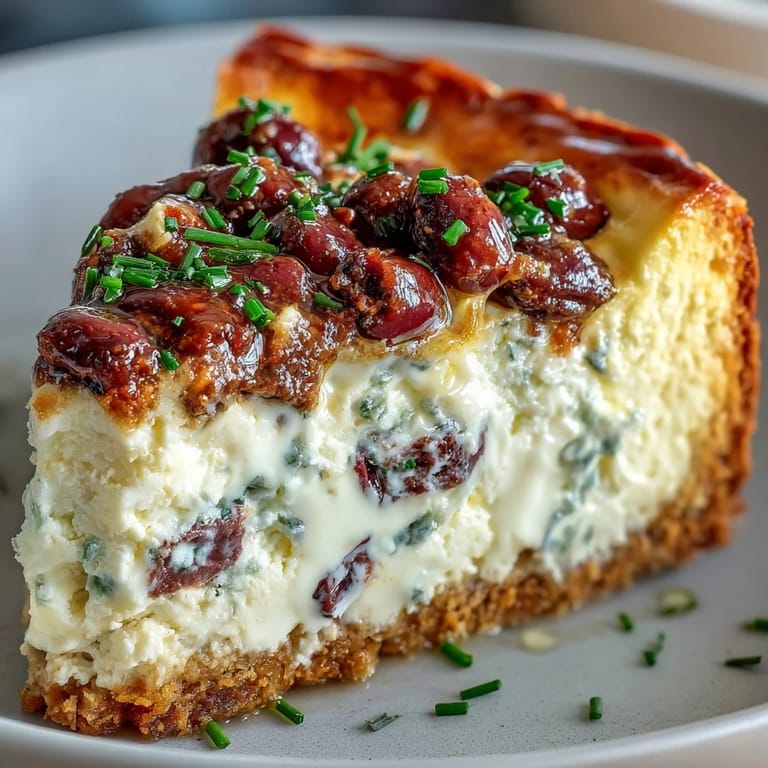 The baked Kalamata Cheesecake Appetizer with a golden crust, garnished with olive slices and a drizzle of olive oil.