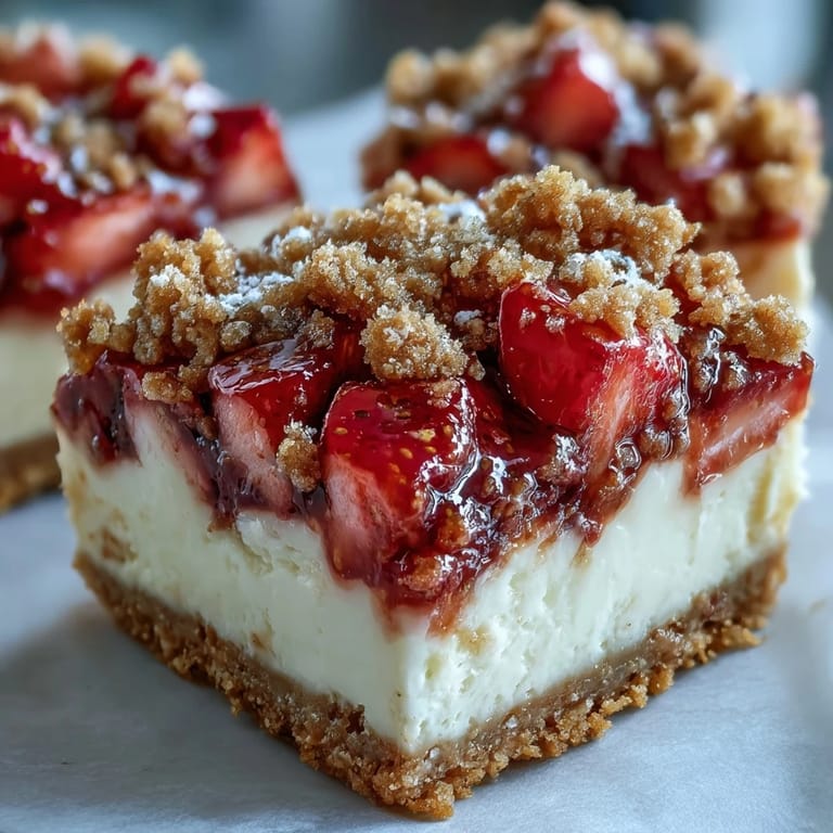 Homemade Strawberry Cheesecake Bars sliced into squares, revealing creamy layers and juicy red fruit. 
