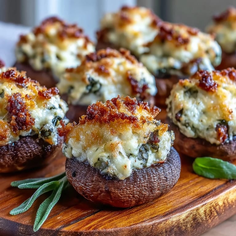A close-up of a serving platter showing Stuffed Asiago-Basil Mushrooms, ideal for an elegant Italian appetizer spread.