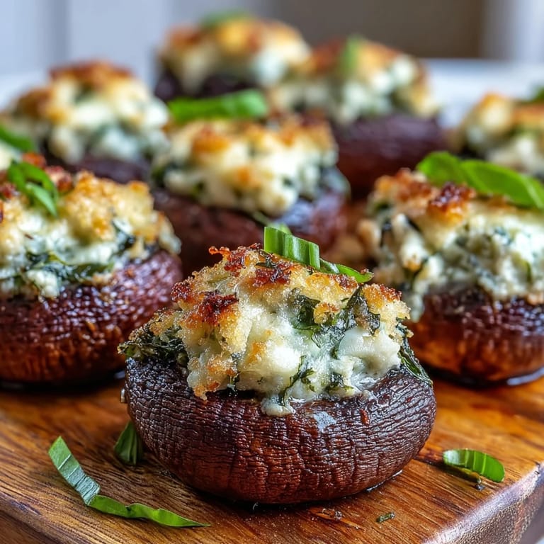 Two warm Stuffed Asiago-Basil Mushrooms resting on a white plate, ready to be eaten as a savory party snack.