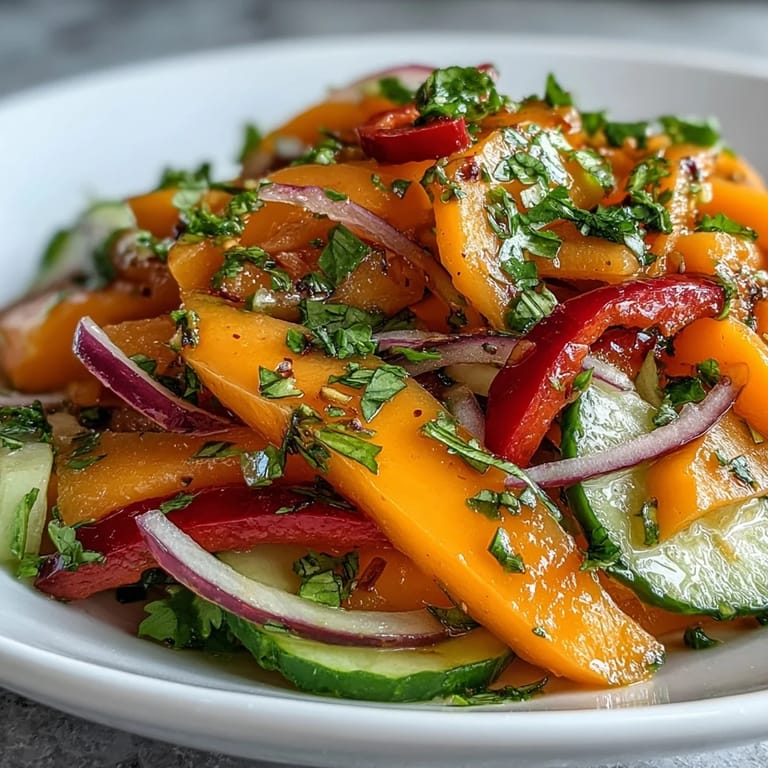 This Thai-inspired Mango Salad features crisp cucumber slices, fresh cilantro, and optional red chilies, served chilled as a vibrant vegetarian lunch. 