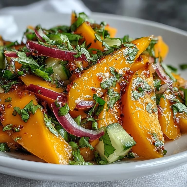 Juicy mango and crunchy vegetables tossed in a tangy lime dressing, garnished with cilantro, create a bright, easy Mango Salad for light dinners.
