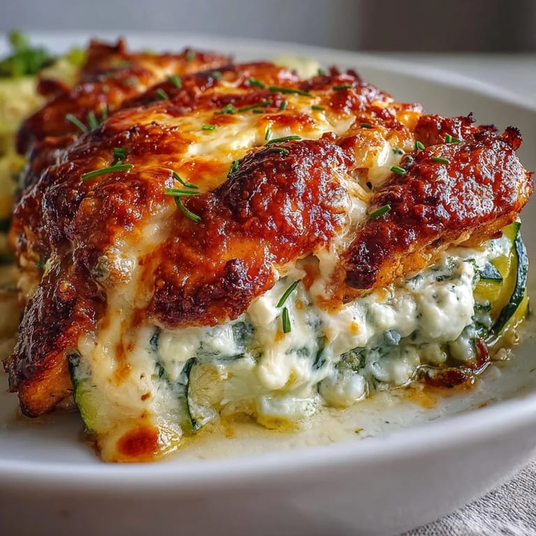 Sliced High Protein Chicken Zucchini Bake revealing creamy Greek yogurt egg blend and juicy chicken on a plate.