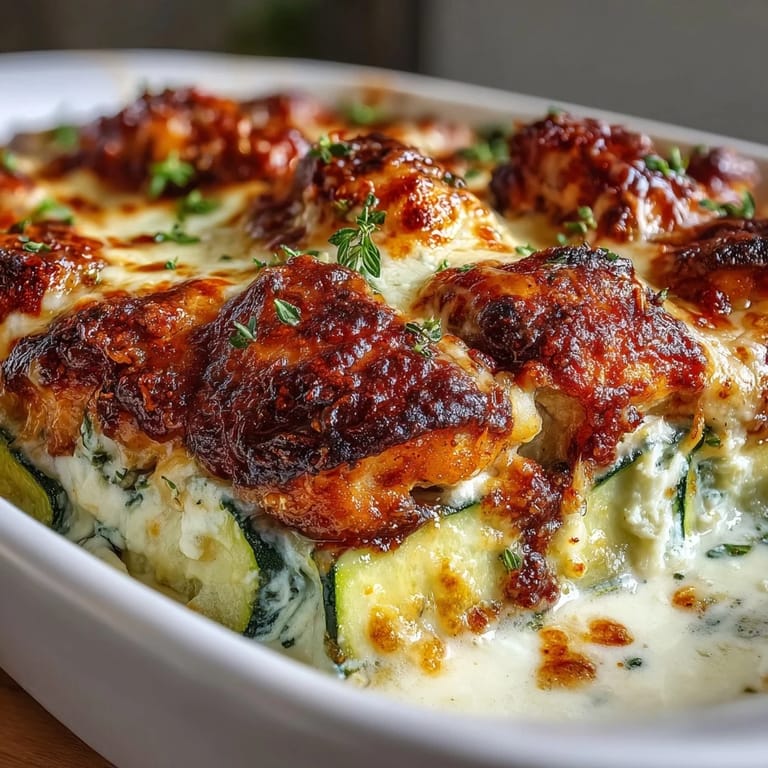 Close-up of High Protein Chicken Zucchini Bake topped with melted mozzarella and fresh parsley garnish.