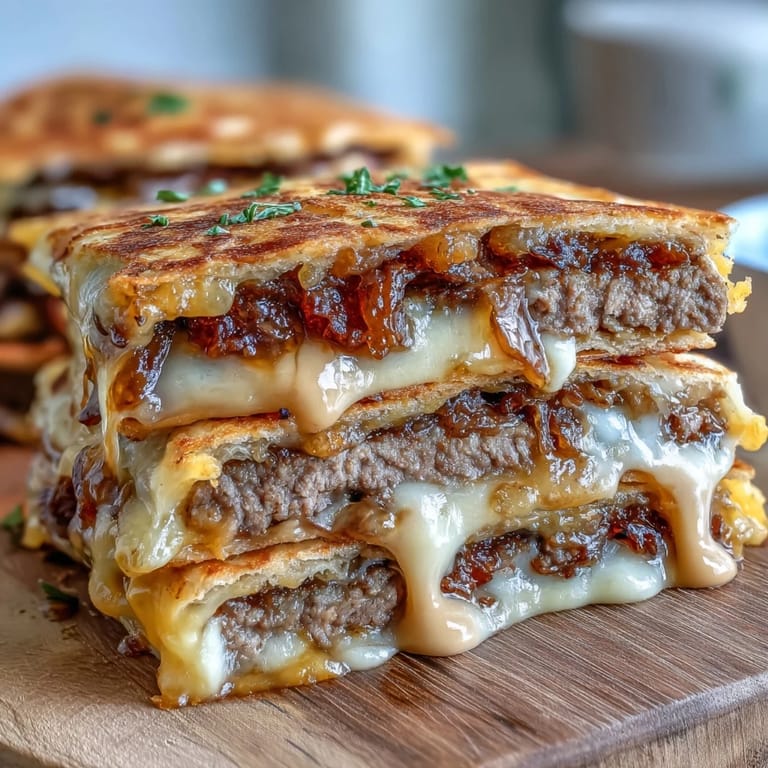 The close-up shows melted cheddar and American cheese stretching over paper-thin smashburger patties inside the crispy tortilla.