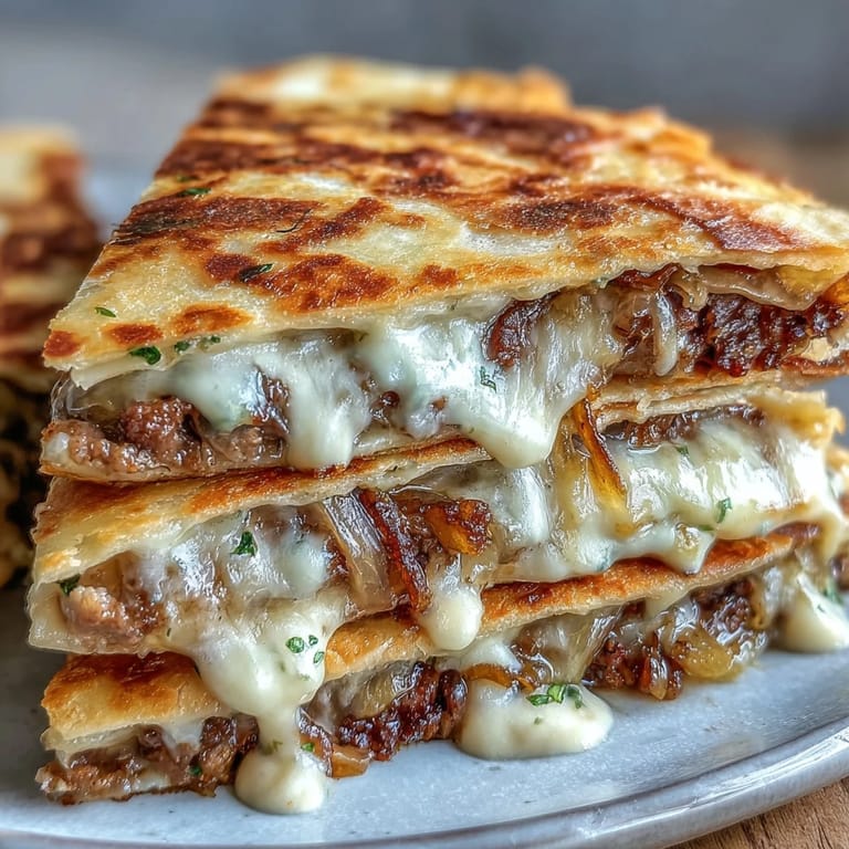 A loaded slice of Cheesy Griddled Smashburger Quesadilla is lifted, revealing savory onions and a punchy mayo-mustard sauce.