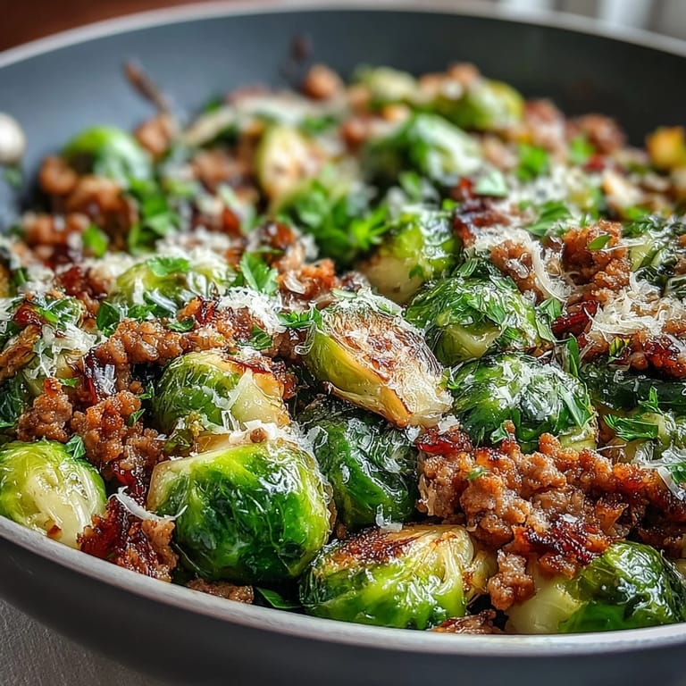 Tender Brussels sprouts and seasoned ground turkey share a one-pan skillet, finished with parsley for a wholesome family dinner.