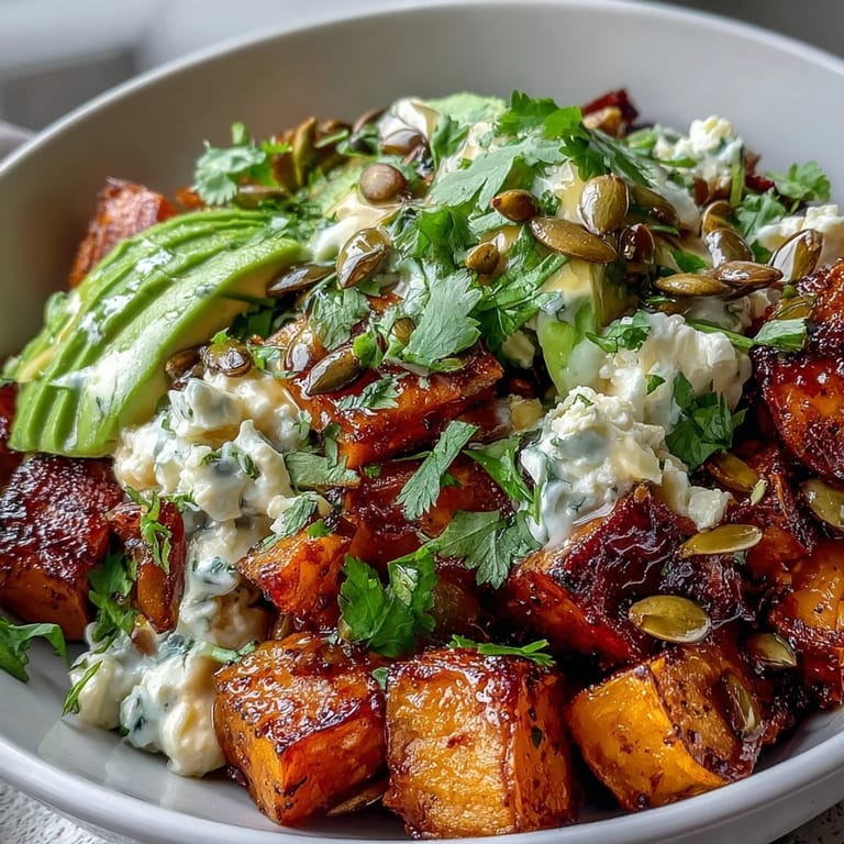 A close-up of a Hot Honey Sweet Potato Bowl with roasted sweet potatoes, cottage cheese, avocado, and a bold hot honey drizzle.