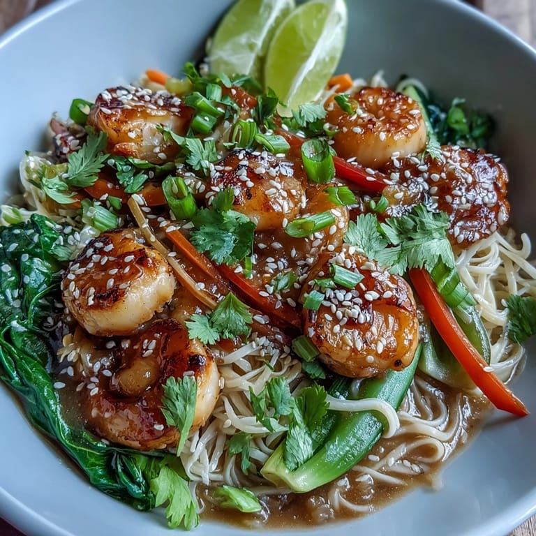 Colorful bowl of Asian Noodle Bowl with Shrimp and Scallops featuring bok choy, carrots, and bell peppers in savory broth.