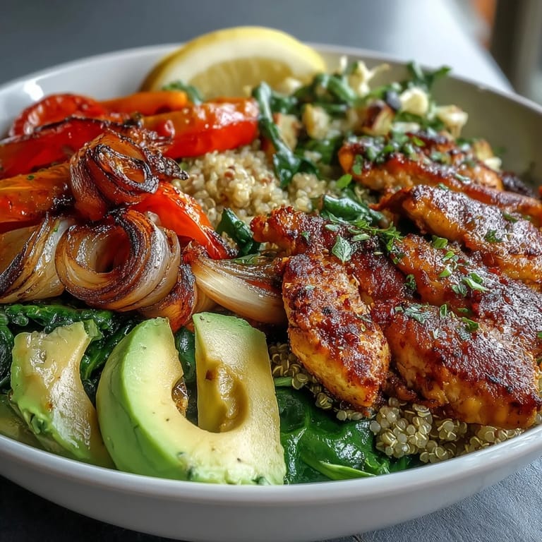 A hearty Paprika Roasted Vegetable Quinoa Bowl featuring golden chicken, creamy avocado, and colorful roasted peppers and zucchini.