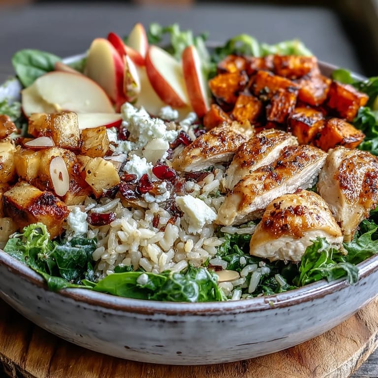 Hearty and colorful Harvest Bowl, loaded with tender roasted sweet potatoes, juicy sliced chicken, crisp apples, and creamy goat cheese on a bed of kale and nutty wild rice. 