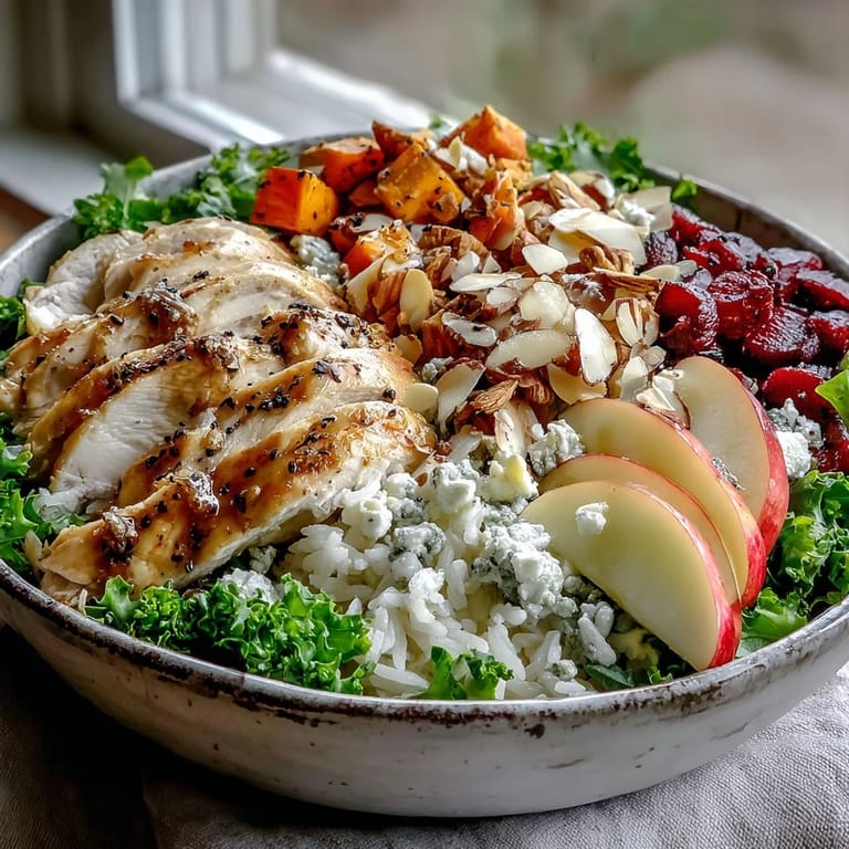 Freshly assembled Harvest Bowl with golden roasted chicken and sweet potatoes, diced apples, sliced almonds, and crumbled goat cheese over greens, finished with a rich balsamic vinaigrette.