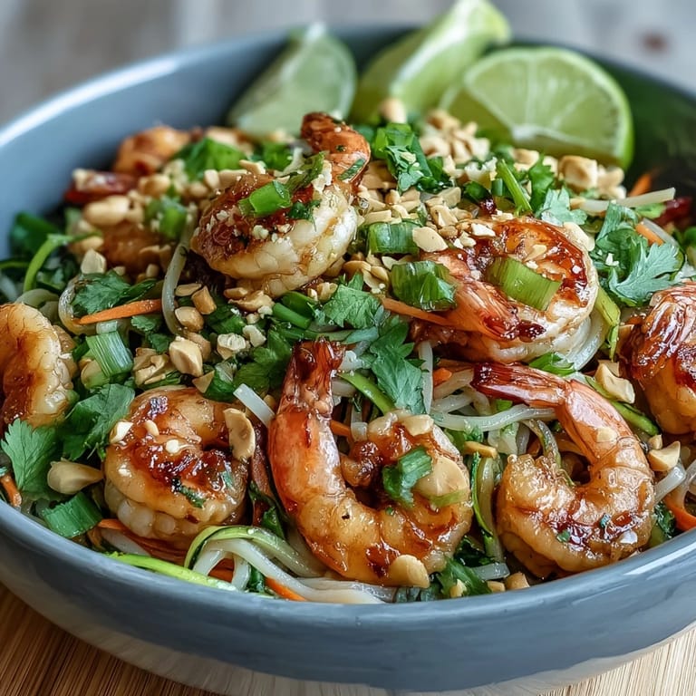 A close-up of a saucy Asian Noodle Bowl featuring tender shrimp and crunchy peanuts for dinner.