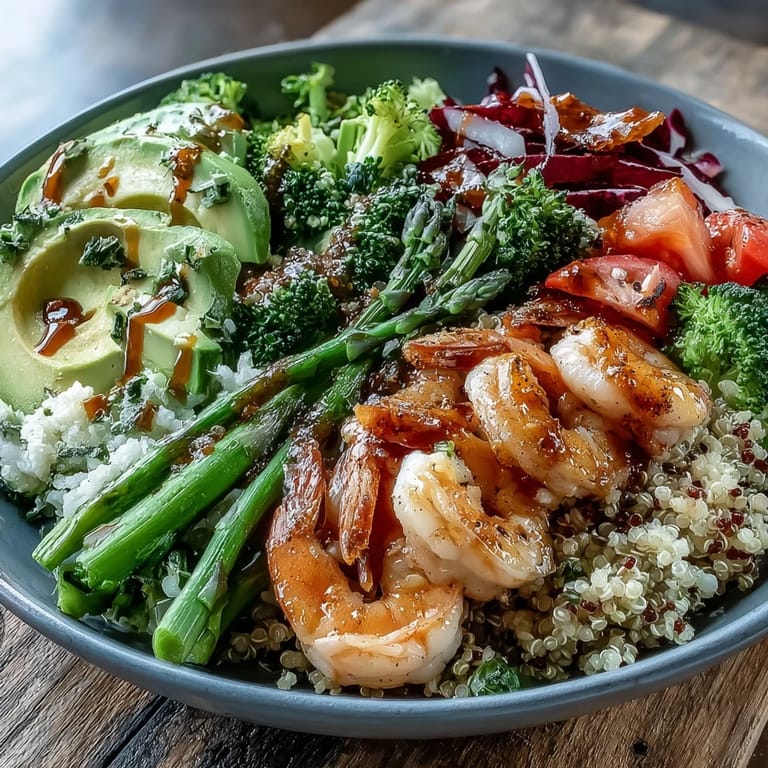 Colorful asparagus, diced tomatoes, and juicy shrimp artfully arranged over fluffy quinoa in a bright Rainbow Vegetable Detox Bowl, finished with rich avocado and a drizzle of zesty dressing.