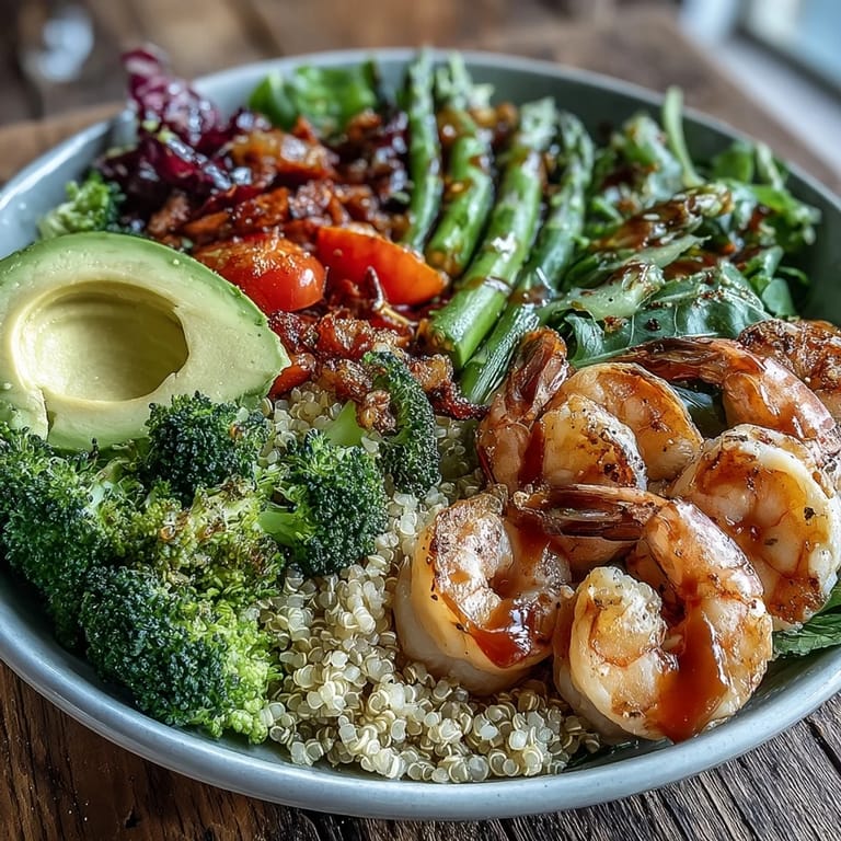 A close-up of a nutritious, gluten-free meal featuring plump sautéed shrimp nestled among bright green broccoli, roasted asparagus, and vivid purple cabbage, complemented by creamy avocado on a bed of quinoa.