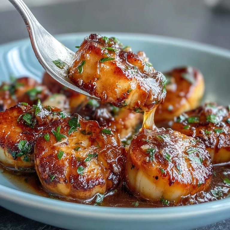 Lemon butter scallops sizzling in a skillet, their golden crust glistening with a fragrant citrus and garlic sauce.