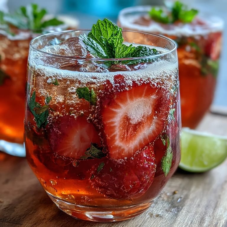Bubbly strawberry lemon sparkling mocktail with ice cubes and fresh fruit, an easy non-alcoholic drink for festive gatherings.