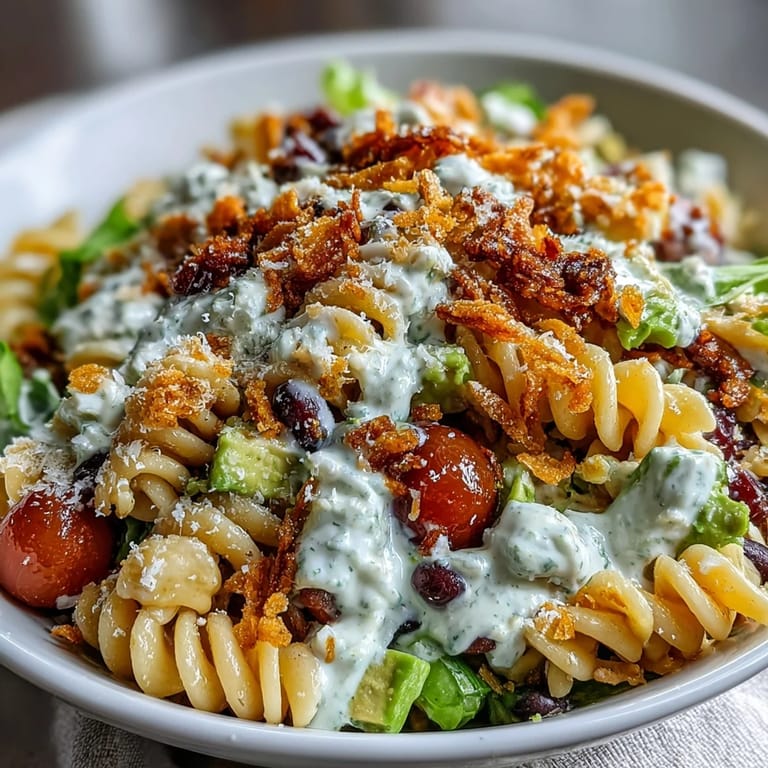 Easy Taco Pasta Salad for Summer Potlucks: Chilled pasta salad with fresh cherry tomatoes, bell peppers, and creamy Tex-Mex dressing, garnished with cilantro and cheddar cheese.