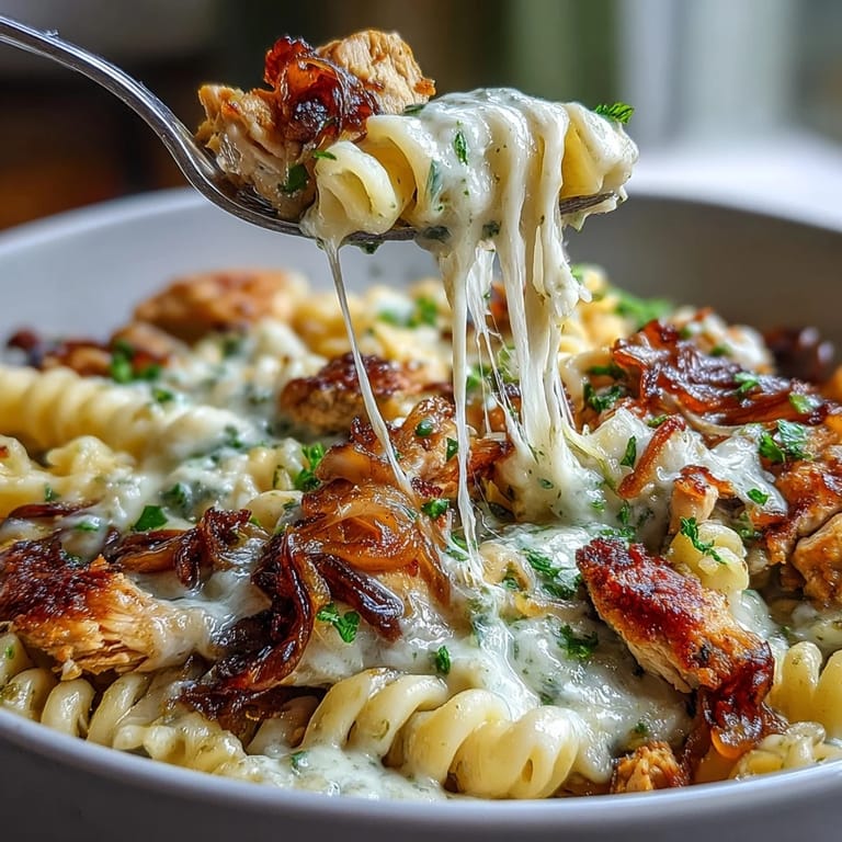 Creamy One-Pot French Onion Chicken Pasta with tender chicken, sweet caramelized onions, and a golden cheese crust.