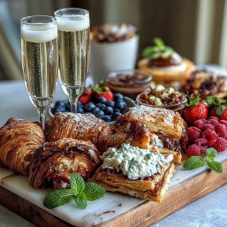Colorful Mother's Day brunch platter with chocolate pastries, seasonal fruit, and classic orange mimosas for a delightful celebration.