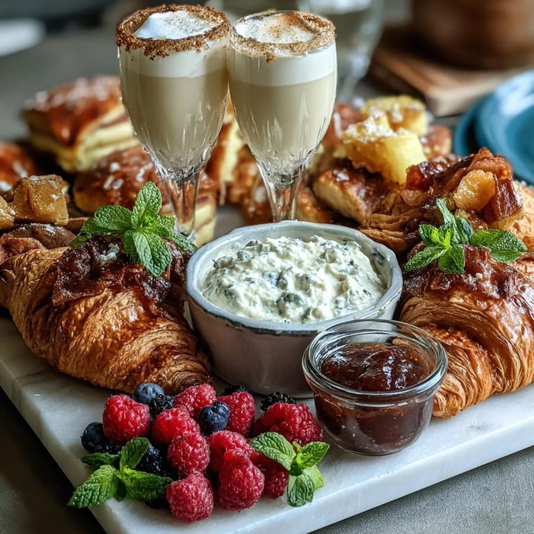 Elegant brunch spread featuring flaky croissants, juicy berries, and bubbly mimosas, ideal for a special Mother's Day gathering.