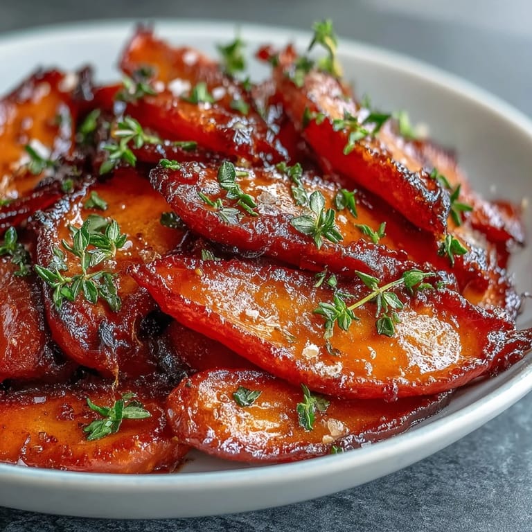 Aromatic honey-glazed carrots roasted to caramelized perfection, accented with fresh thyme and a hint of black pepper for a comforting side dish.