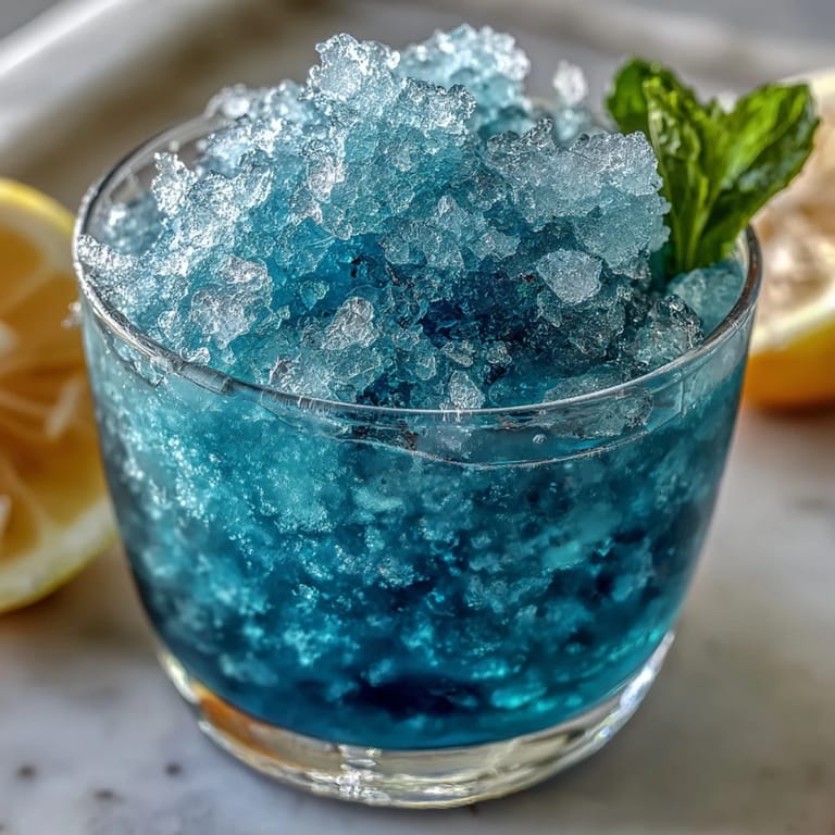 Vibrant blue slushie blending tangy lemon and sweet blue raspberry flavors, served with a sugared rim for a festive touch.