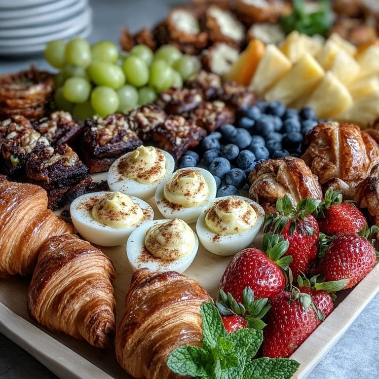 A colorful Easter brunch spread with deviled eggs, fresh fruit, and pastries arranged for easy sharing and festive appeal.