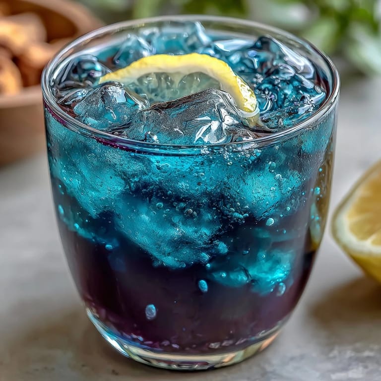 Elegant butterfly pea flower lemonade in clear glass pitcher, garnished with lemon slices and fresh mint.