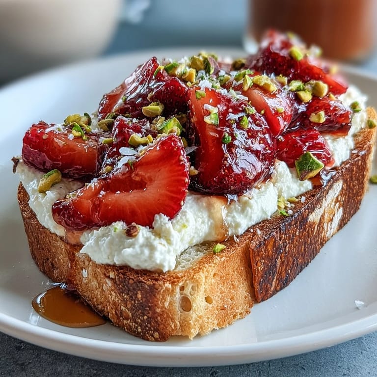 Creamy ricotta toast topped with sweet strawberries, honey, and pistachios.
