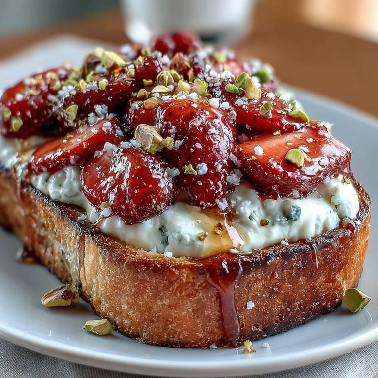 Golden toasted bread piled high with strawberry honey ricotta and pistachios.