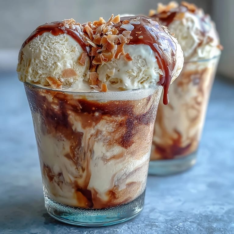 Gorgeous coconut cold brew float topped with a melting scoop of vanilla ice cream.