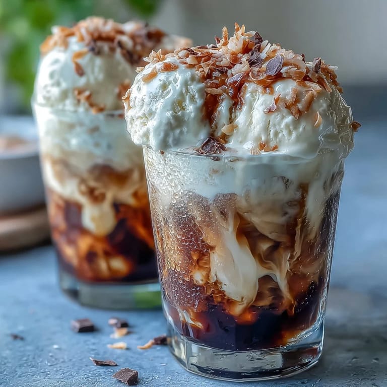 Refreshing coconut cold brew float with creamy vanilla ice cream and optional toasted coconut.