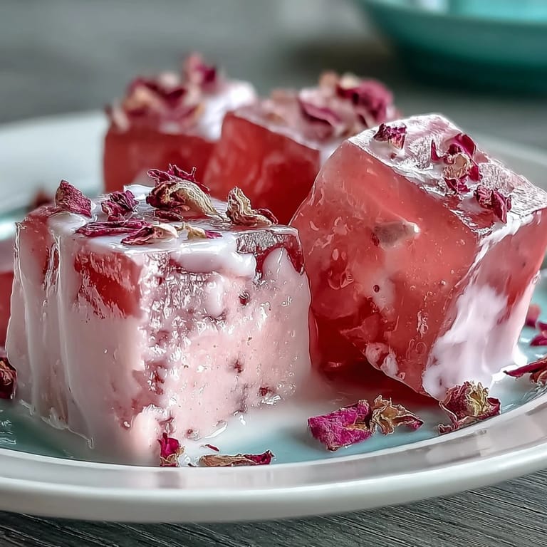 Jewel-toned Strawberry Rose Gelatin mosaic cake, a refreshing and elegant dessert.