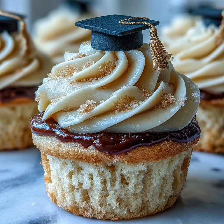 Sweet vanilla graduation cupcakes adorned with shiny black and gold fondant caps.
