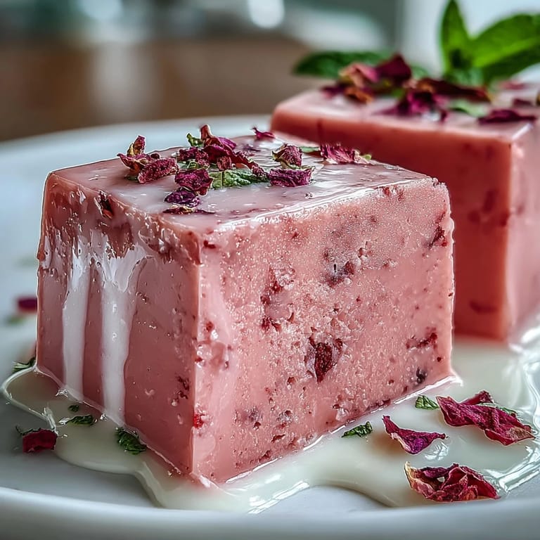 Beautiful mosaic cake with strawberry, rose gelatin, and smooth, luscious cream.