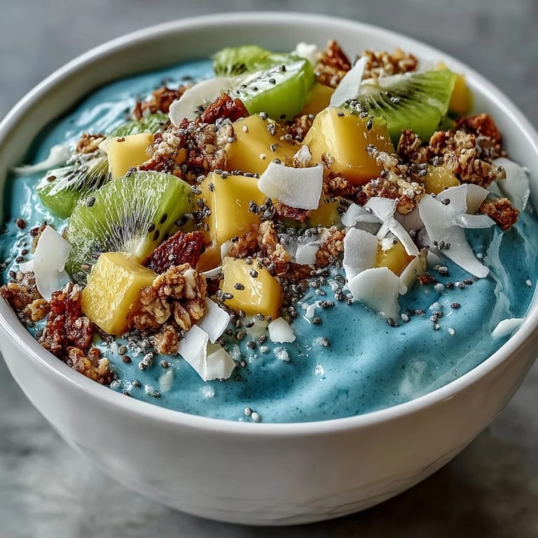 Energizing blue spirulina smoothie bowl, ready to eat with delicious fruit toppings.