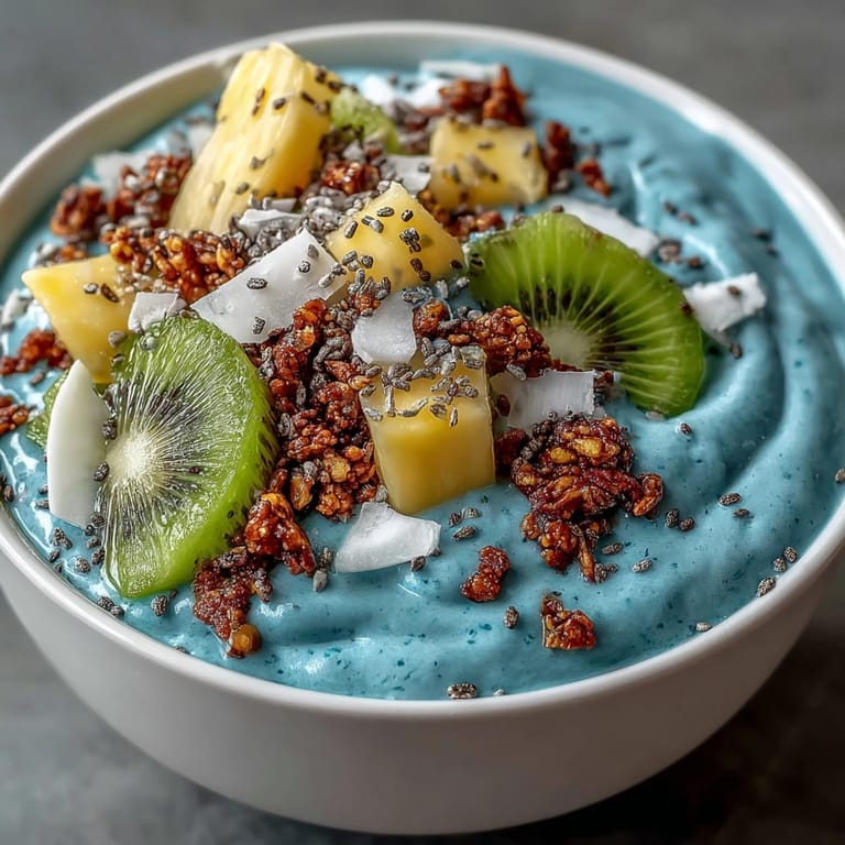 Creamy blue spirulina smoothie bowl, a refreshing breakfast piled high with fruit.