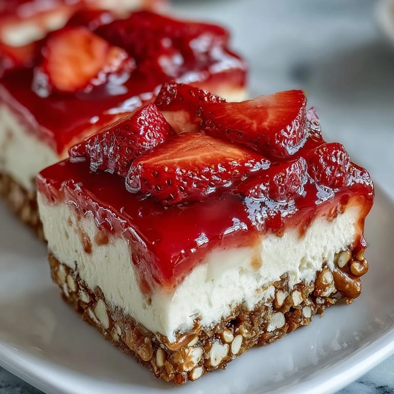 Perfectly chilled strawberry pretzel salad dessert bars, ready for a summer party.